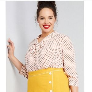 Modcloth Pleasant Confidence Red & Blue Polka Dot Button Down Top w/Neck Tie 1X